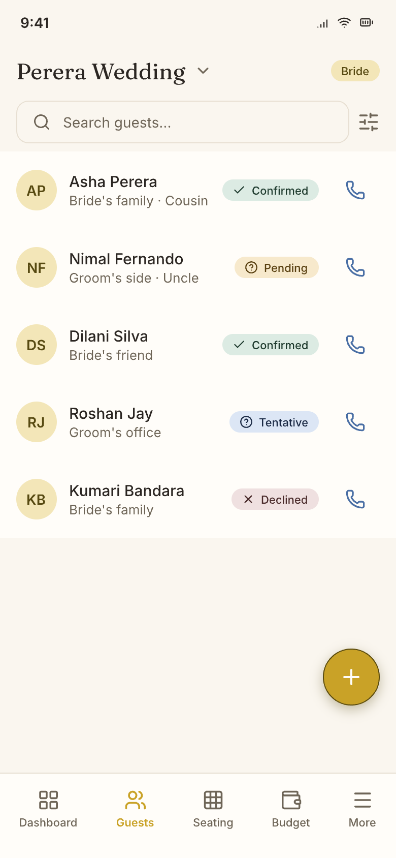 Apé Poruwa mobile app: the shared guest list with confirmed, pending and tentative RSVP statuses